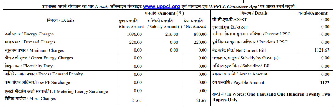 बिल चार्जेस ब्रेकडाउन