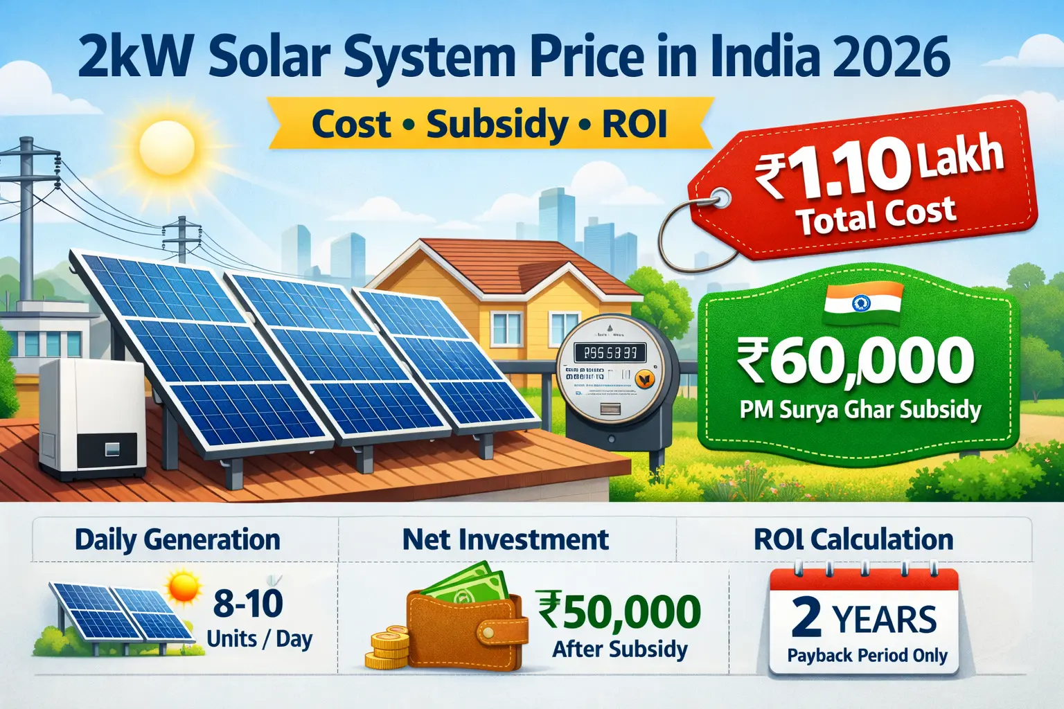 2kW Solar System Price in India 2026: Subsidy & Cost Guide 23 2kw solar system price in India with subsidy cost breakdown and ROI calculation