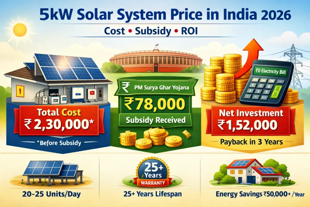 5kW Solar System Price in India 2026: खर्च, सब्सिडी और ROI की पूरी जानकारी