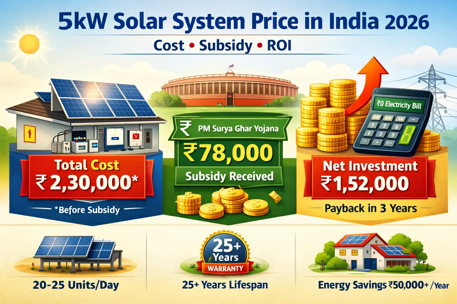 5kW Solar System Price in India 2026: खर्च, सब्सिडी और ROI की पूरी जानकारी 20 5kw solar system price in india cost breakdown with subsidy and ROI calculation