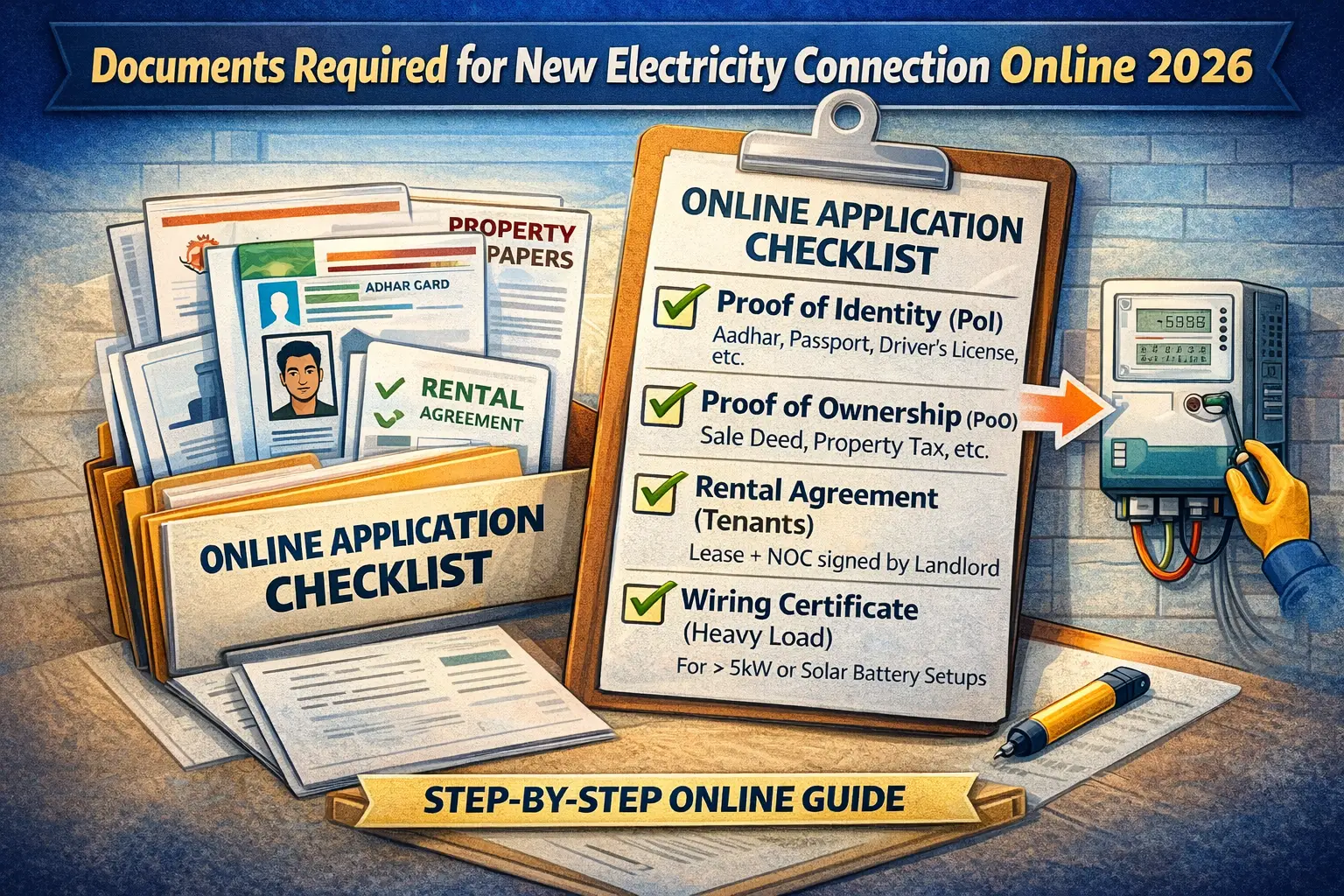 नया बिजली कनेक्शन ऑनलाइन 2026: 15 मिनट में मीटर अप्लाई करें (झटपट पोर्टल गाइड) 2 documents required for new electricity connection online application