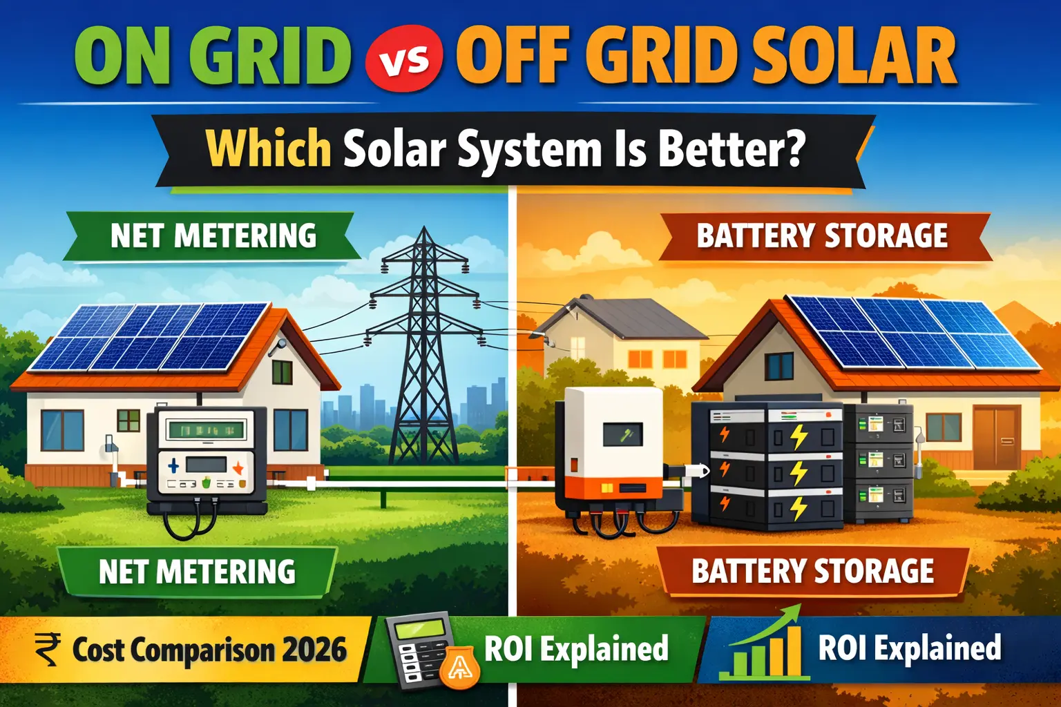 On Grid vs Off Grid Solar System 2026: आपके घर के लिए कौन सा बेस्ट है? 17 on grid vs off grid solar system comparison showing net metering and battery storage differences