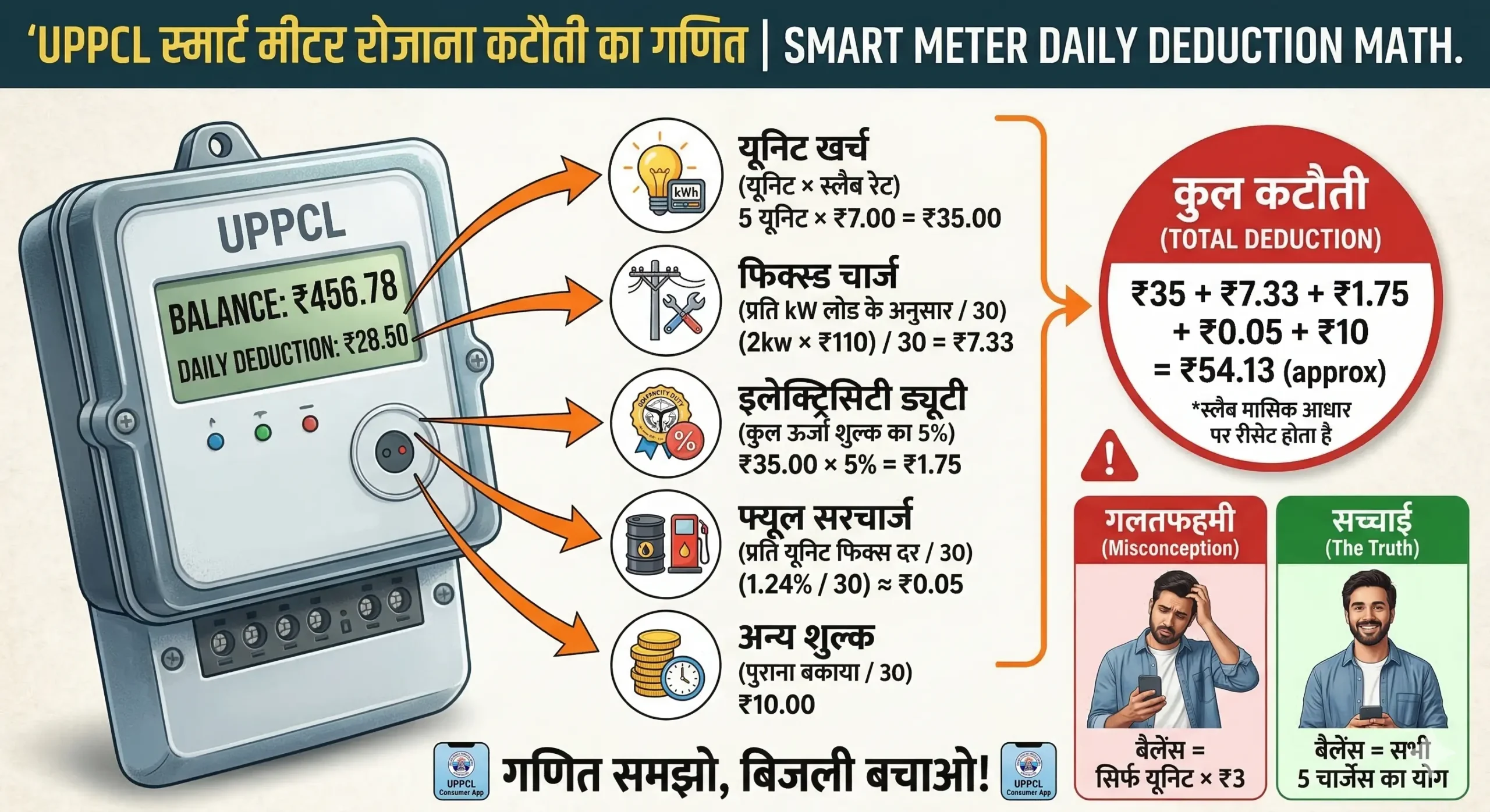 स्मार्ट मीटर में 100 200 500 1000 का रिचार्ज 2026: कितने दिन चलेगी बिजली? 2 smart meter daily deduction calculation math UPPCL