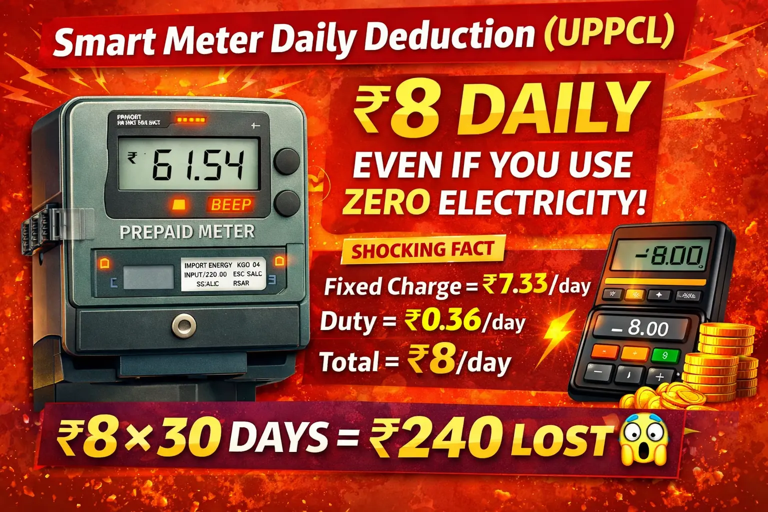 Smart Meter Daily Deduction Calculation (UPPCL): ₹8 Per Day Even Without Usage! 1 execute accurate Smart meter 100 200 500 1000 recharge calculation 2026