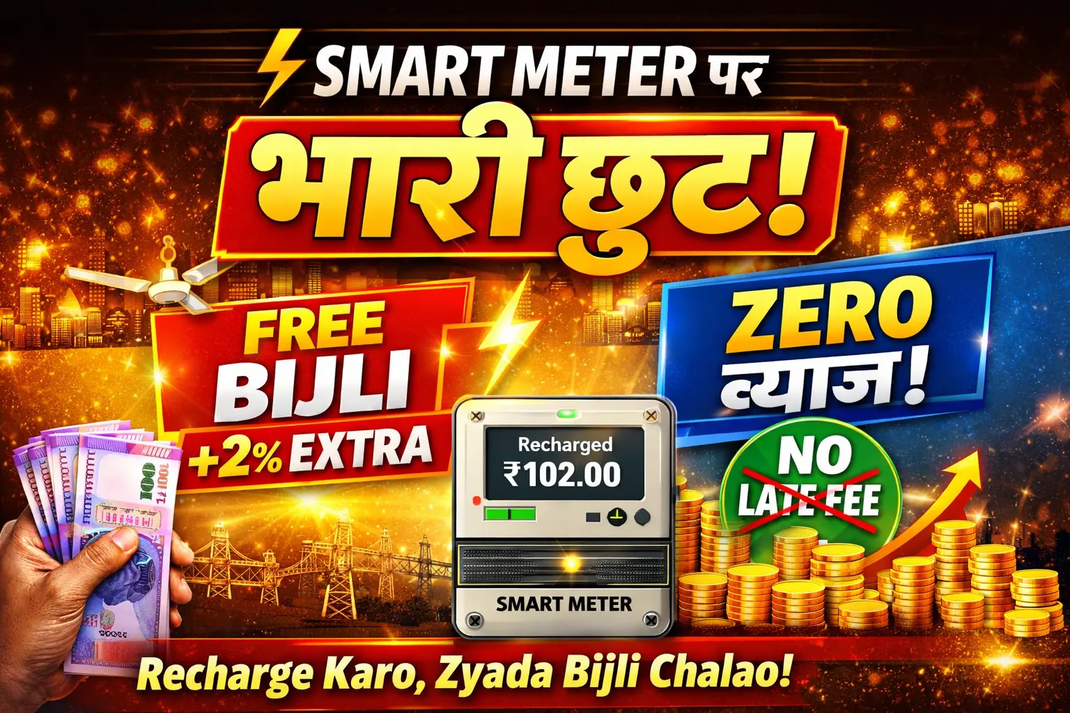 Smart meter recharge offer with heavy discount, 2% bonus electricity units and zero late fee benefit